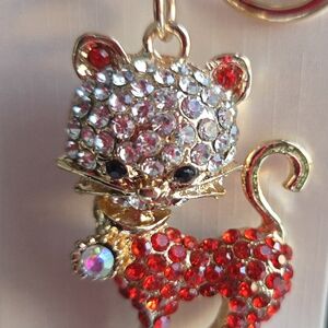 Sparkling Cat Keychain with Red and Silver Crystals